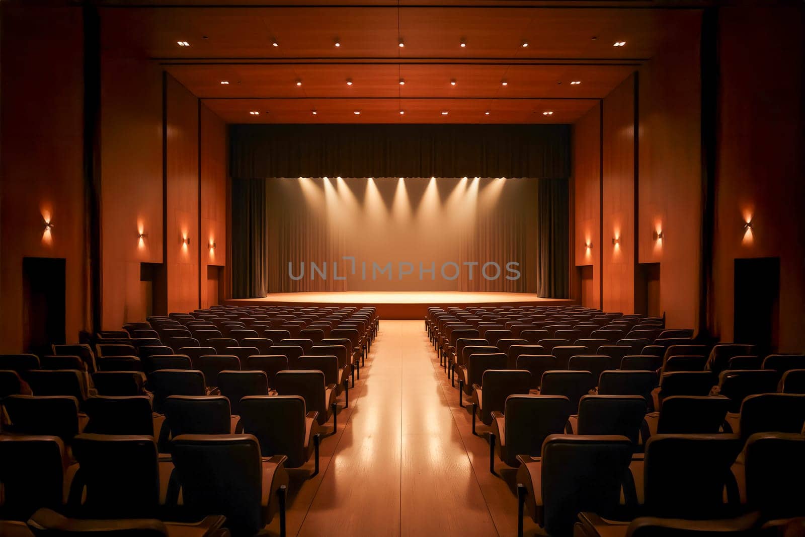 An empty modern auditorium with rows of seats facing a spotlighted stage, creating a serene atmosphere. Ideal for themes of performance, presentation, and anticipation.