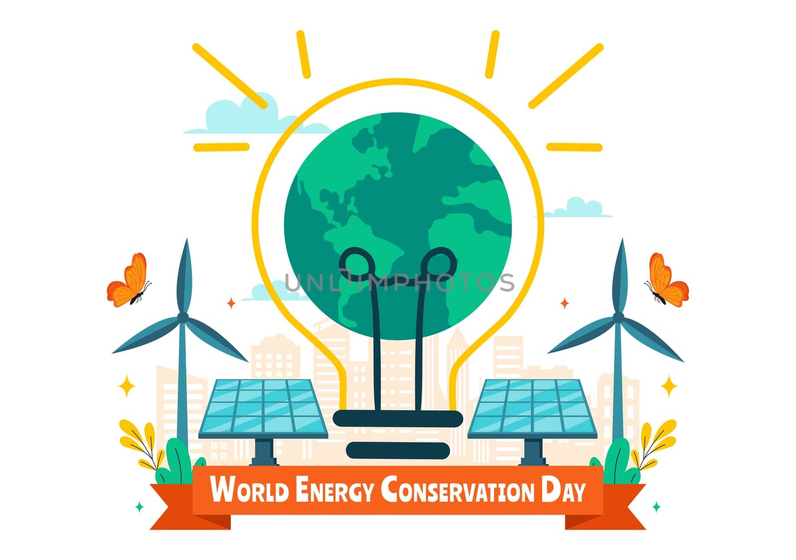 World Energy Conservation Day Vector Illustration the importance of Saving the Planet with a Green and Eco Friendly, featuring a Lamp and Earth