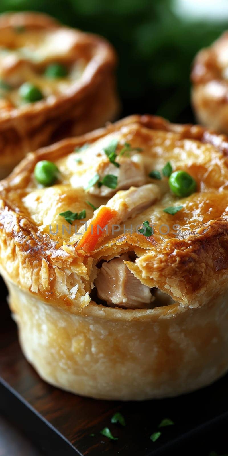 Golden mini chicken pot pie muffins with a flaky crust and creamy filling of chicken. AI generative.