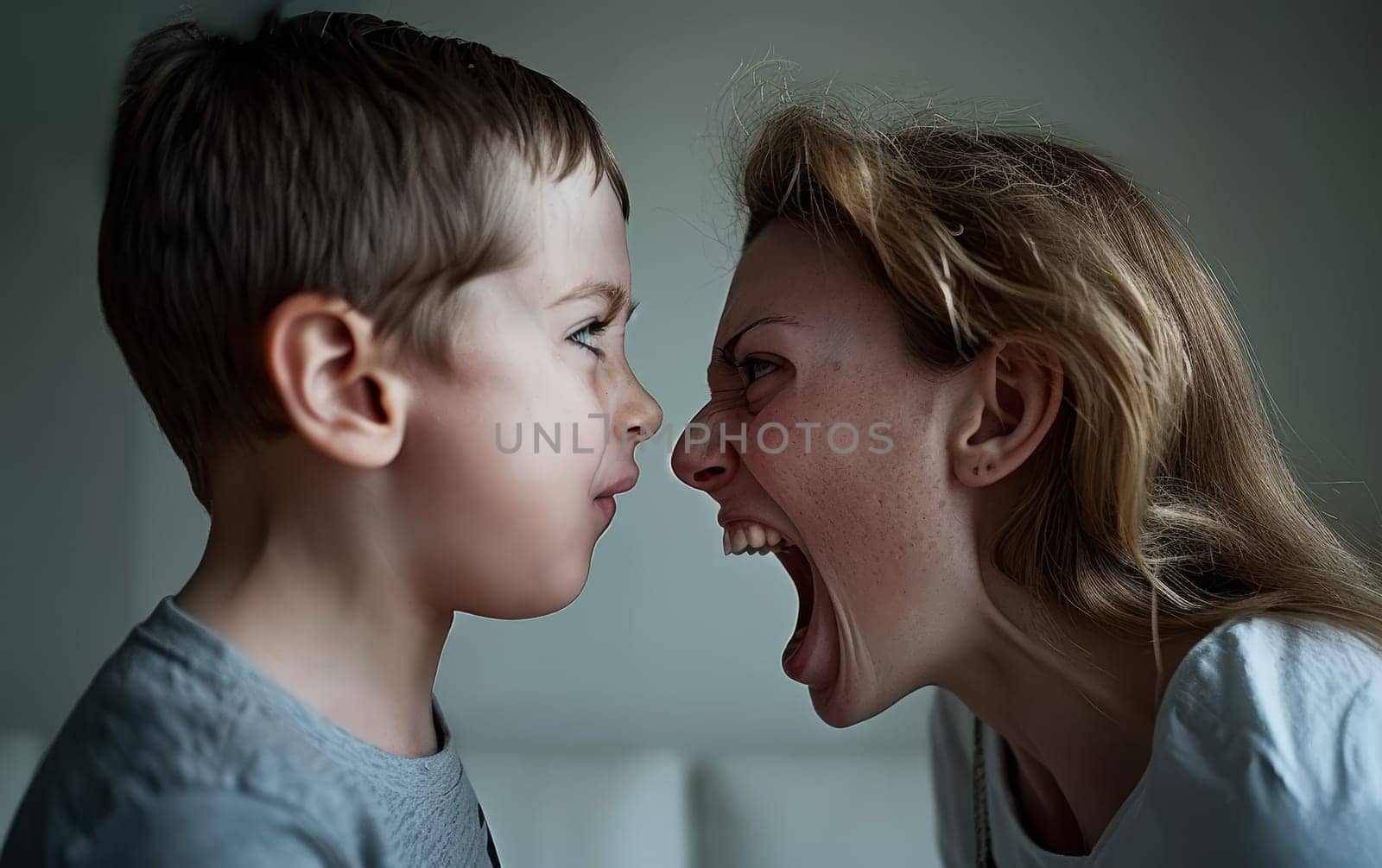 A close-up captures an intense interaction between a boy and a woman, their faces inches apart as they engage in a passionate shouting match
