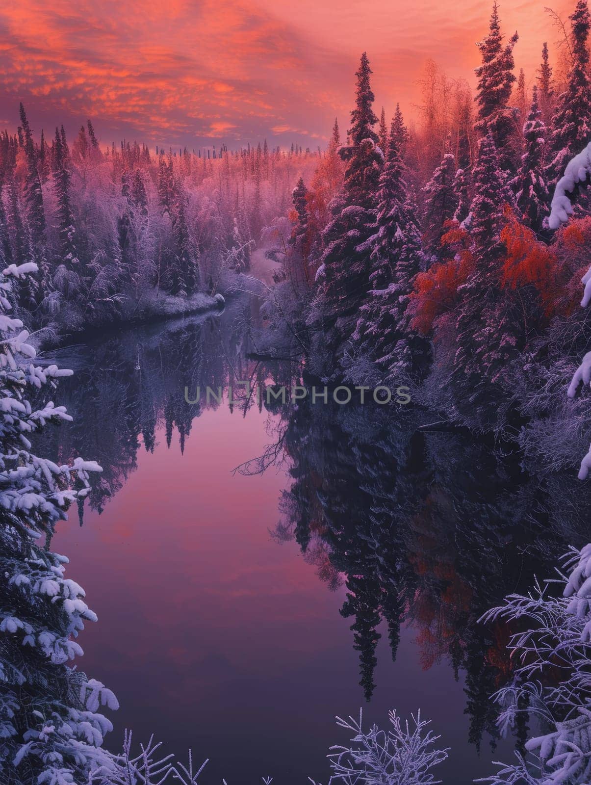 As twilight descends, the sky ignites in vibrant shades of pink and purple over a tranquil river, flanked by snow-draped trees reflecting in still waters, creating a scene of peaceful winter harmony