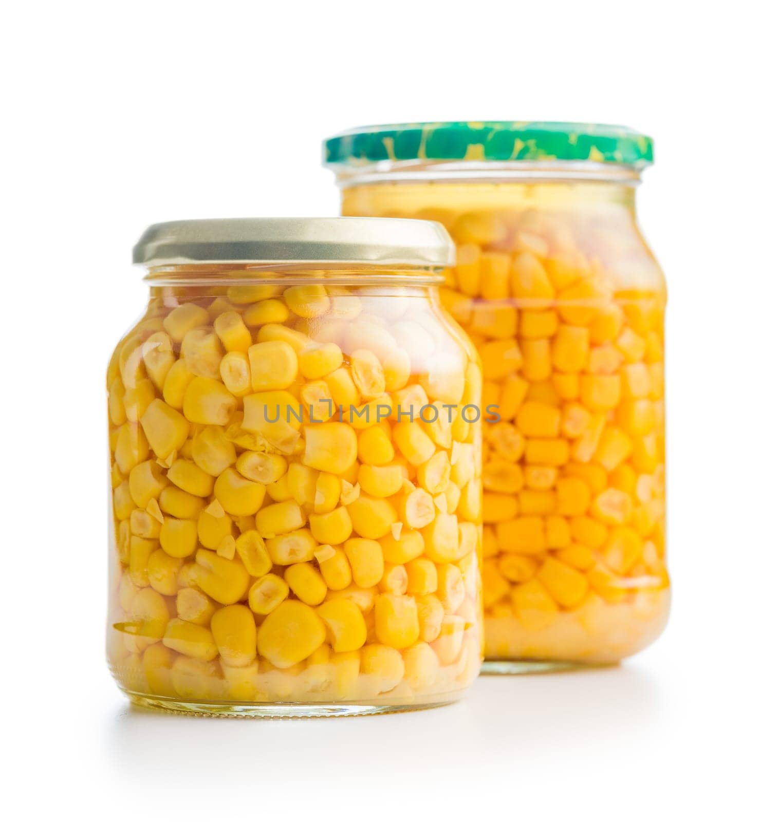 Canned sweet corn in jar isolated on a white background.