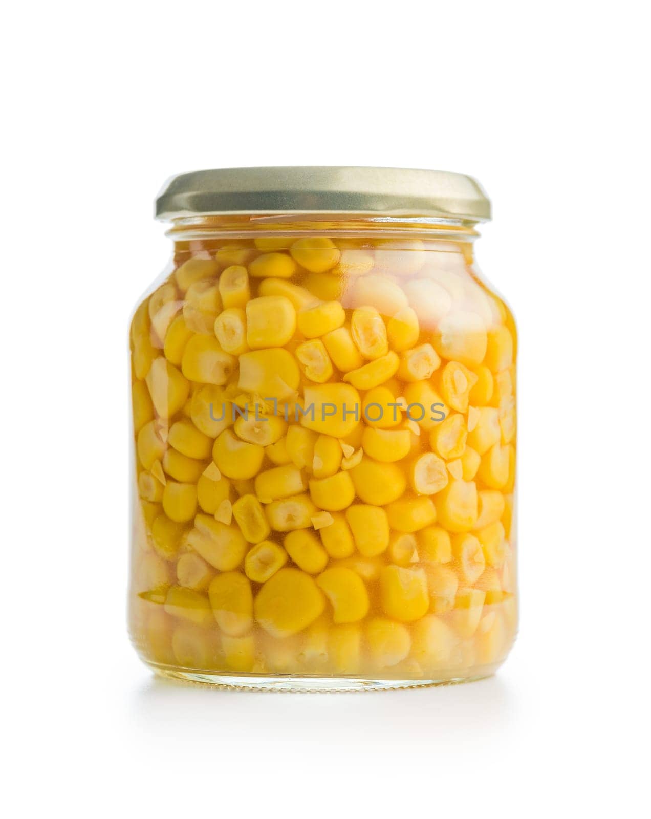 Canned sweet corn in jar isolated on a white background.