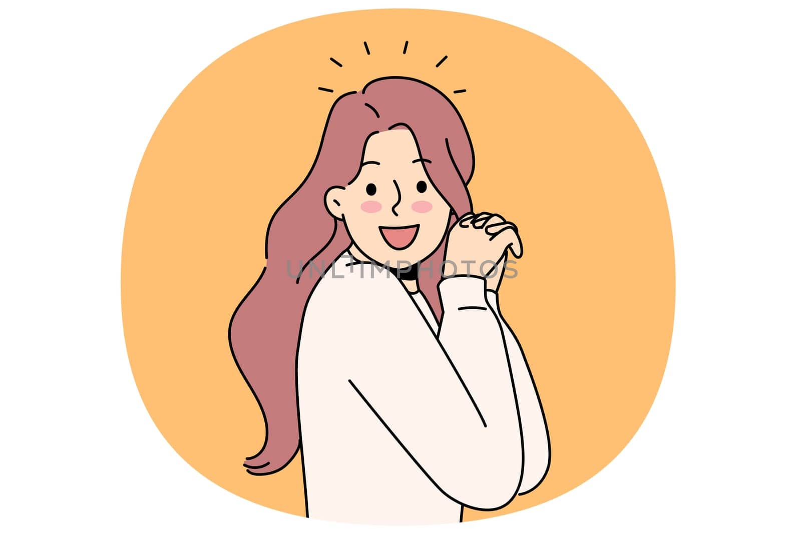 Laughing woman raises hands and looks at screen, enjoying meeting you or glad to receive good news. Laughing girl with long hair experiences delight and positive emotions after achieving goals