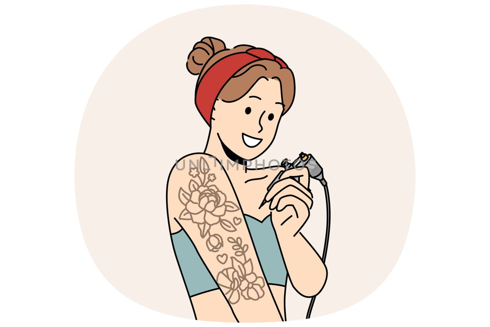 Woman tattoos hand on own and smiles, offering to use services of professional tattoo artist. Young girl working in tattoo parlor holds equipment for drawing picture under skin with needle.