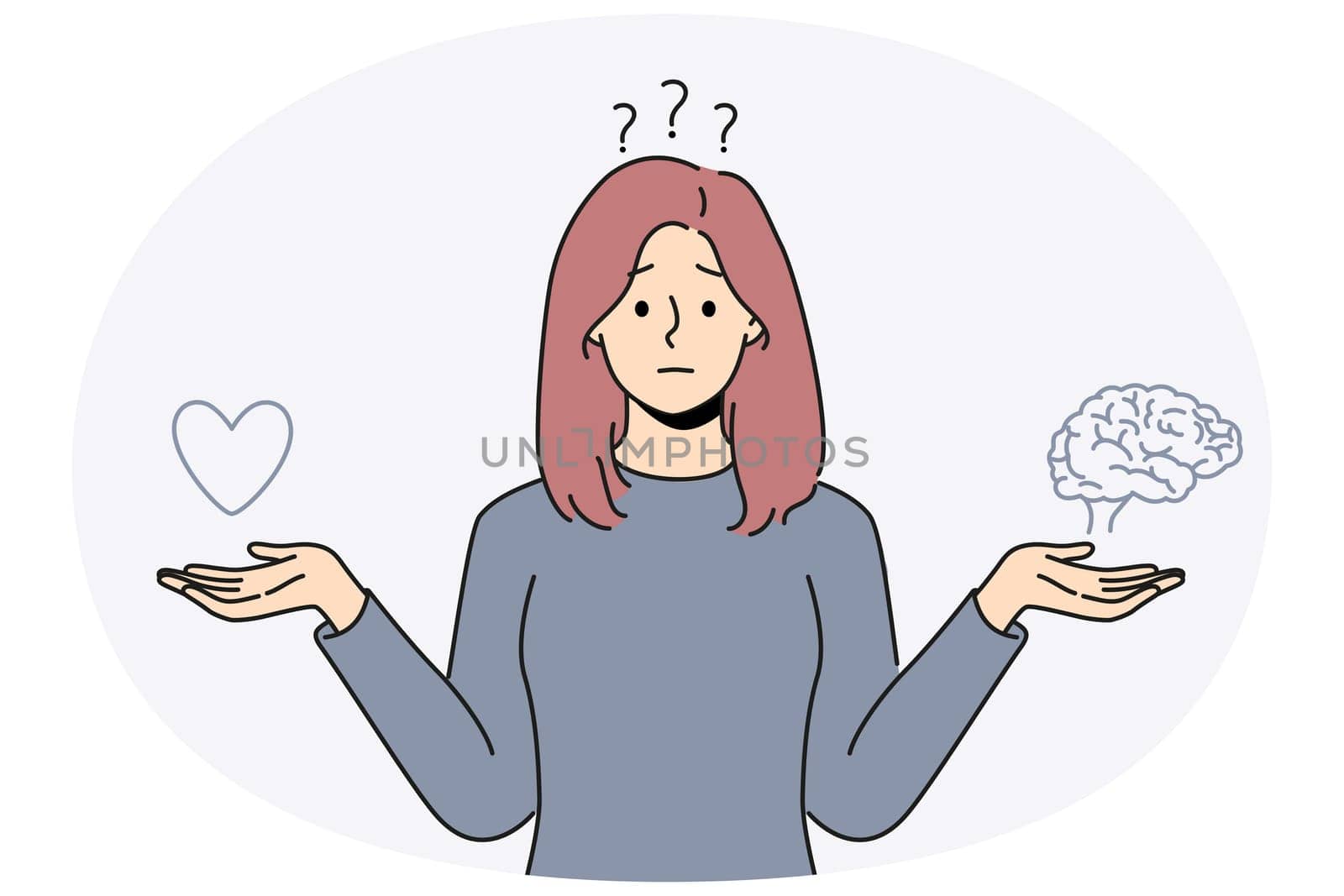Confused woman choose between heart and brain. Frustrated girl make decision between emotions and reason. Vector illustration.