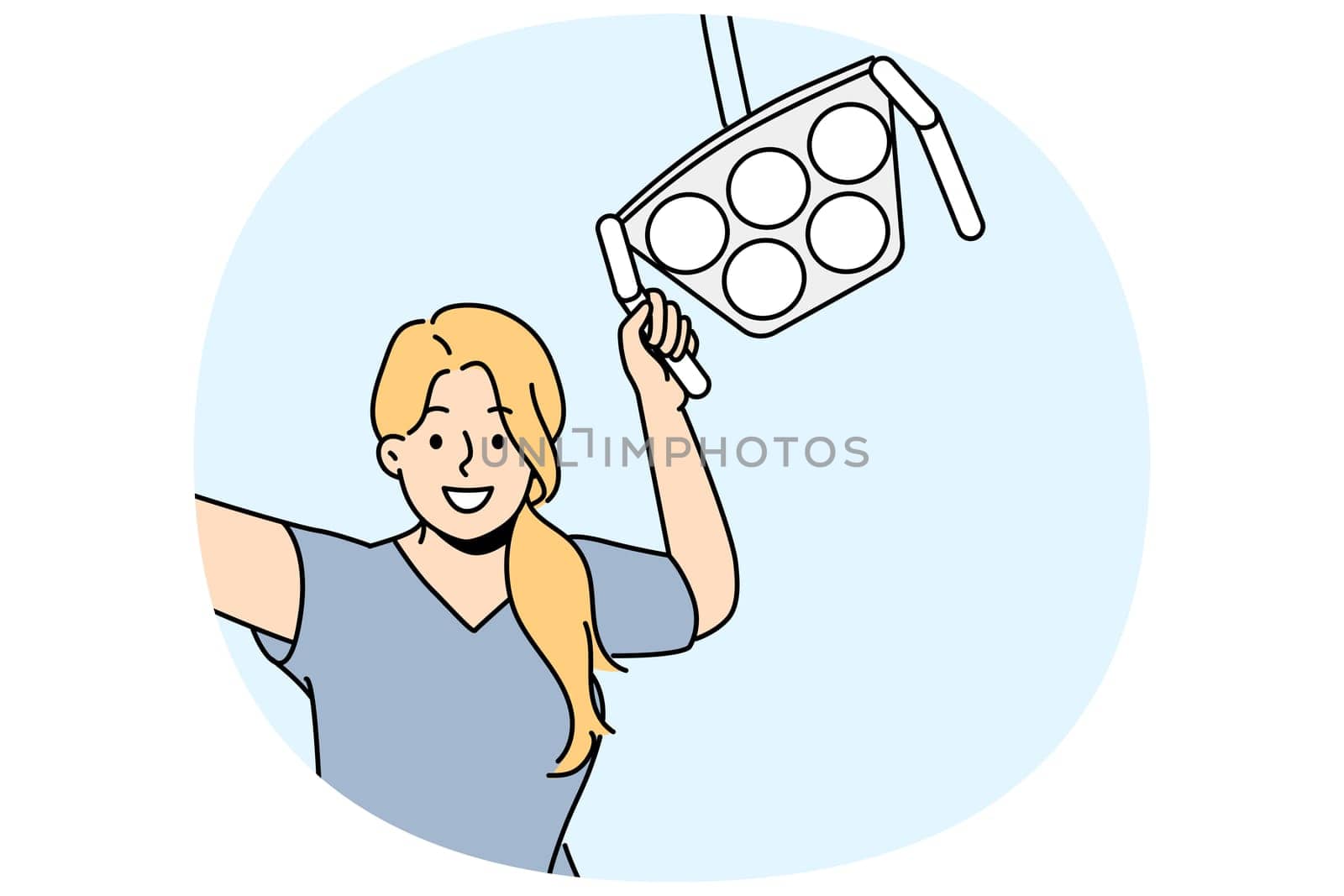 Woman dentist with surgical lamp smiling, standing in operating room and cheering patient. Happy girl works as dentist in private clinic and helps clients treat teeth and get rid of caries