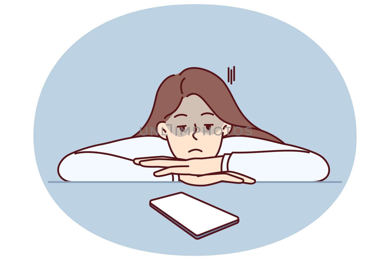 Woman looks at phone waiting for call from boyfriend or SMS message suffering from digital addiction. Girl is addiction to mobile gadgets or smartphone in need of internet communication