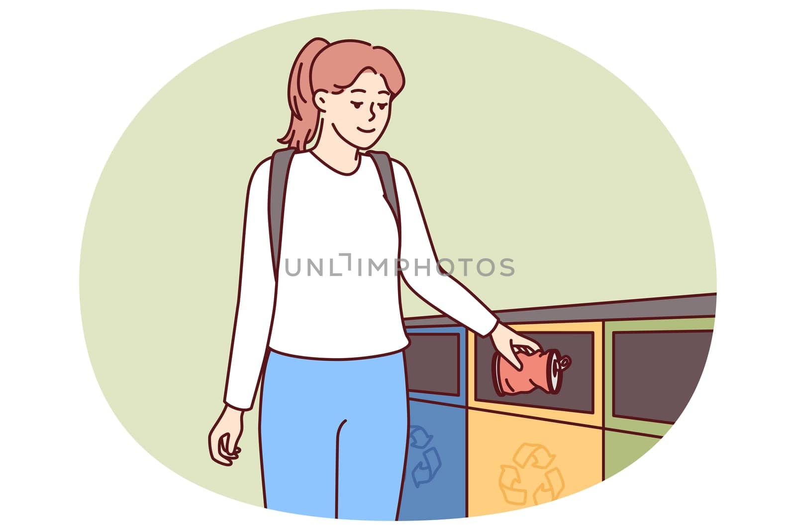 Woman throws iron can into metal trash can to take care of nature for eco consciousness concept. Young girl with backpack takes care of ecology by separating trash for further processing and reuse.