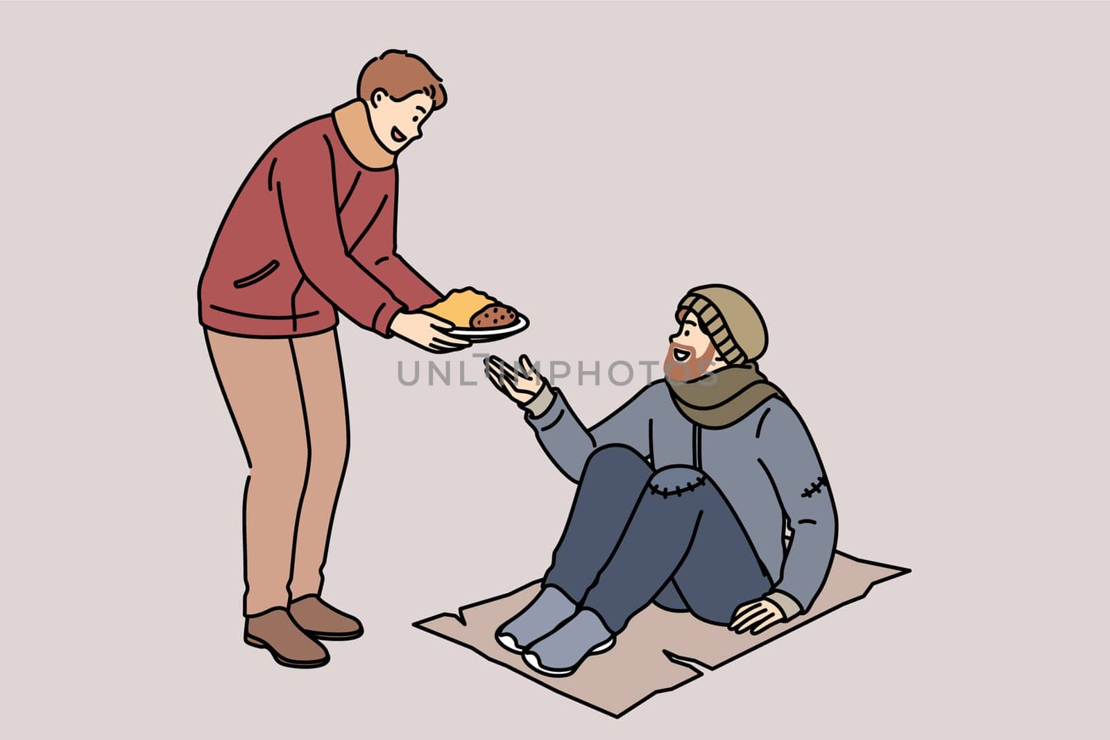 Human feeds homeless man to save poor person from starvation or freezing on street. Guy hands plate of food to homeless man, showing kindness and empathy, to bankrupt and fired male