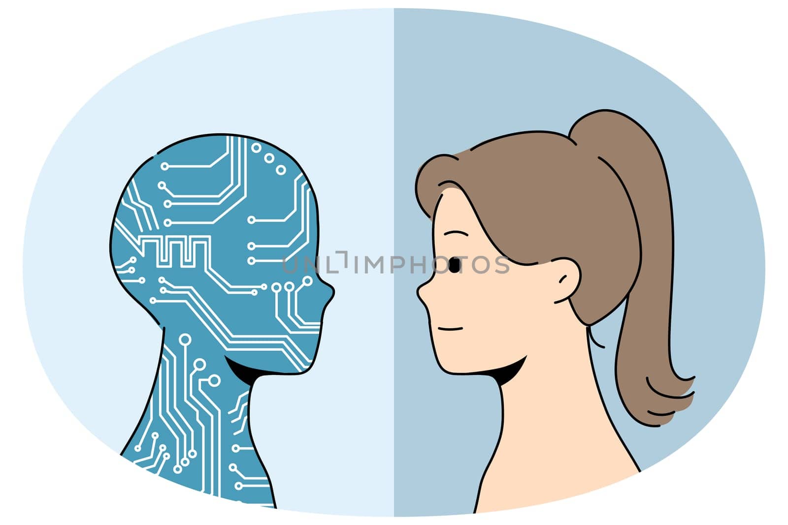 Artificial intelligence in form of silhouette in colors of computer board near woman, metaphor for introduction of AI technologies. Concept of competition between people and artificial intelligence