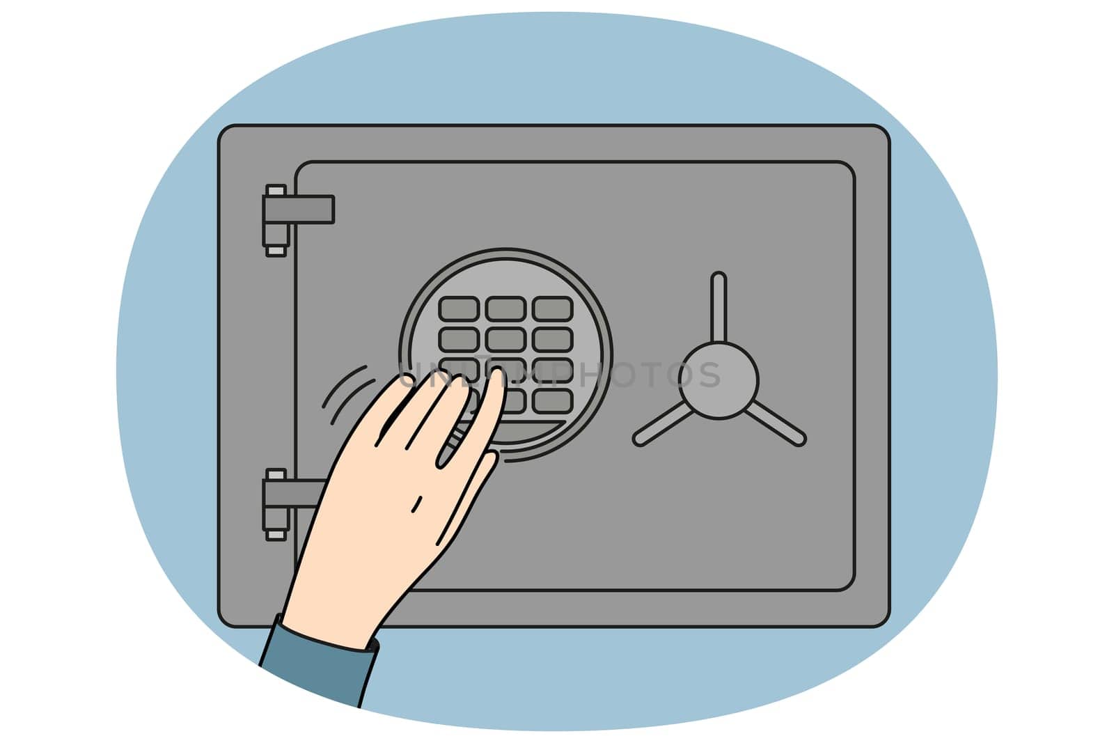 Man hand near safe with electronic combination lock, for storing money and jewelry or important documents. Human opens safe to hide sensitive information and protect against data leakage