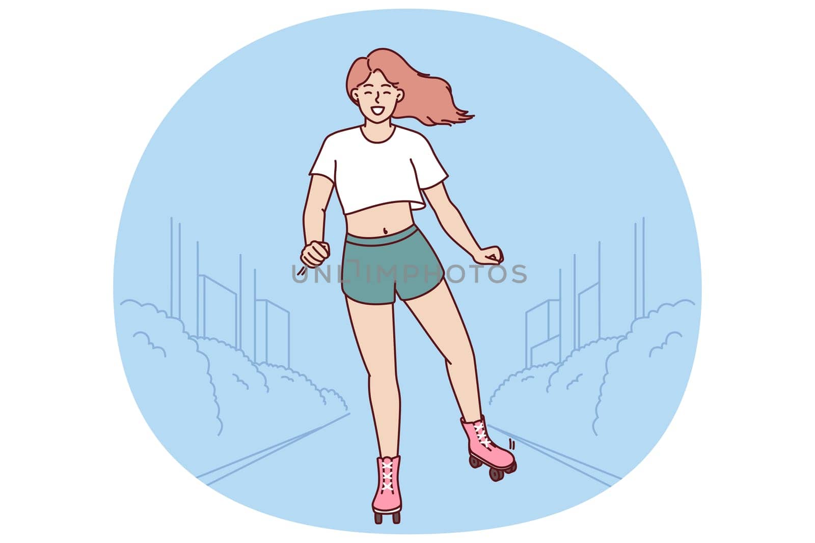 Woman uses roller skates to ride around city and breathe fresh air on hot summer day. Young girl enjoys walk and moves through streets on roller skates to give up gasoline transport.
