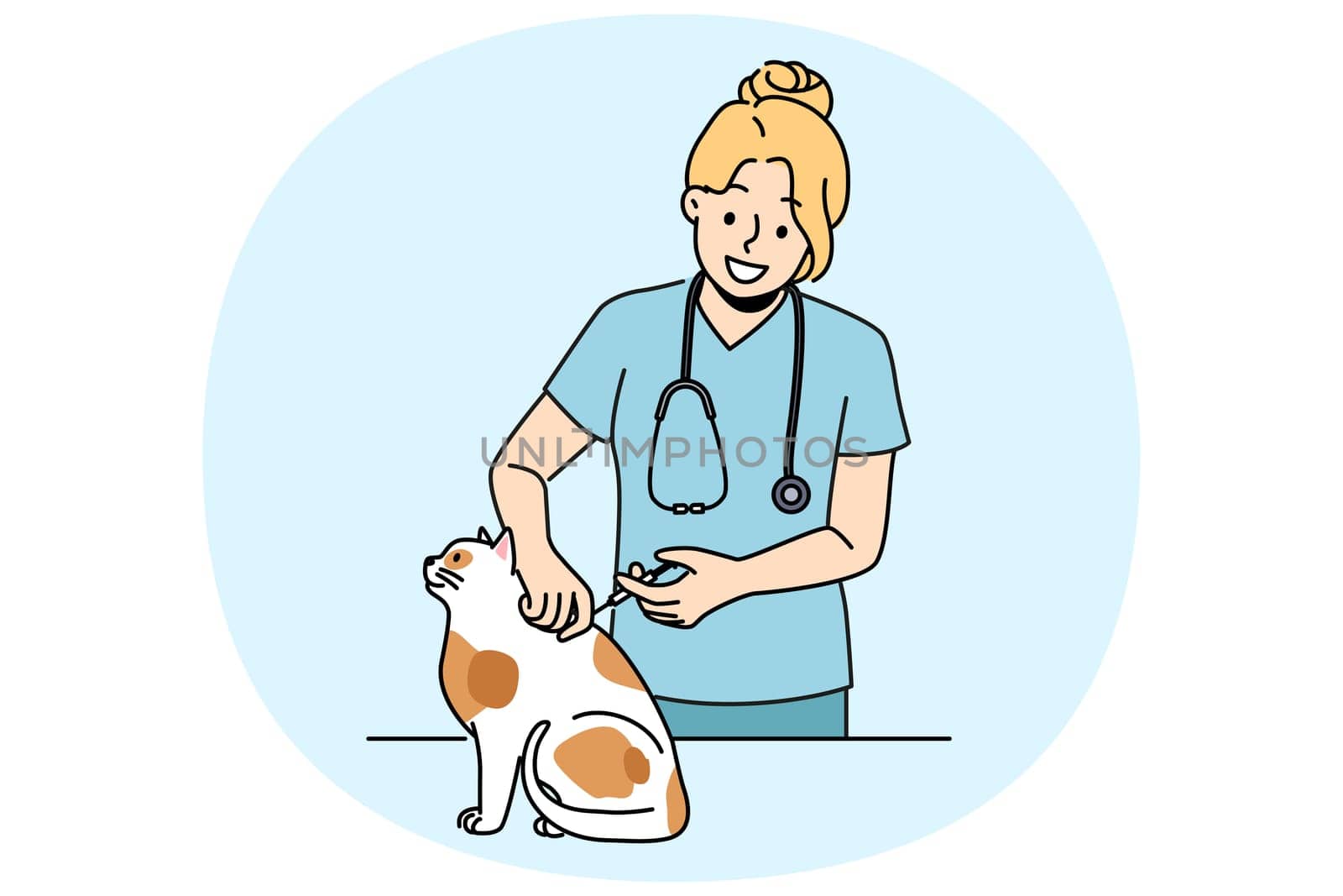 Woman veterinarian inoculates cat to protect pet from dangerous viruses and bacteria. Smiling girl works as veterinarian in animal clinic and takes care of kitten in need of vaccination