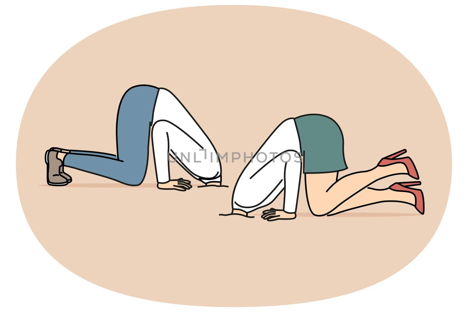 Business people hide heads in sand because of cowardice and fear problems caused by competition among employees. Business man and woman in pose of ostriches ignoring troubles due to lack of motivation