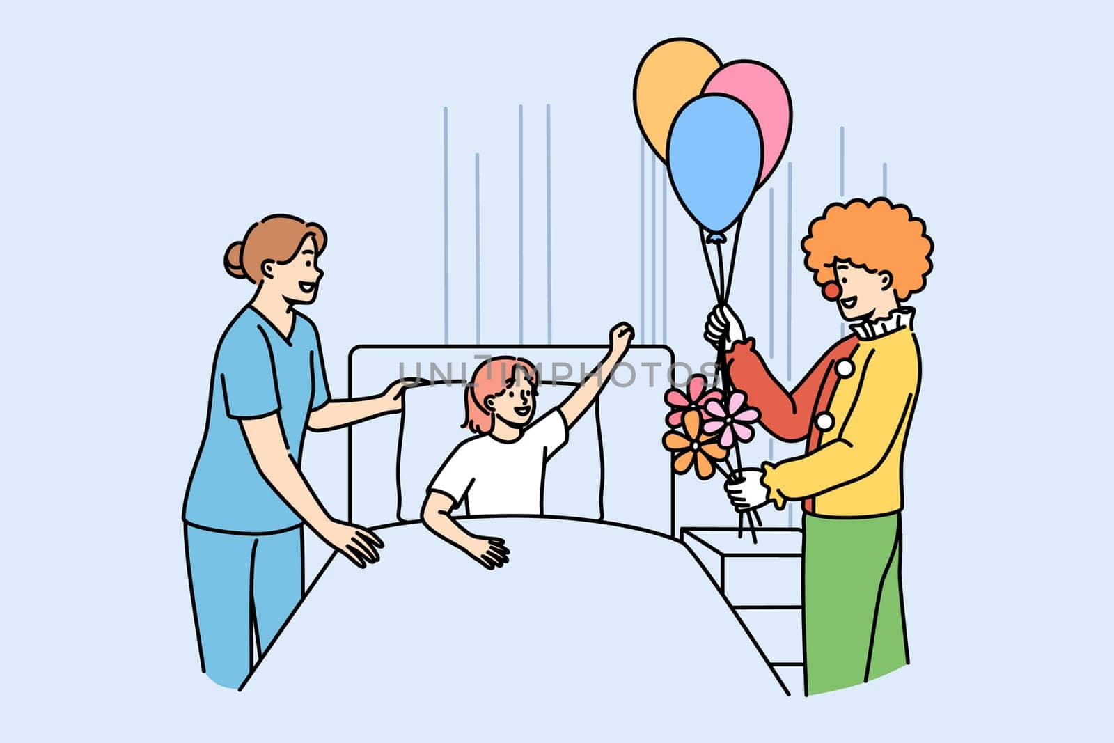 Clown entertains sick girl lying in bed in hospital to improve mood child suffering from illness. Animator gives flowers and balloons to patient at children hospital in need of psychological support