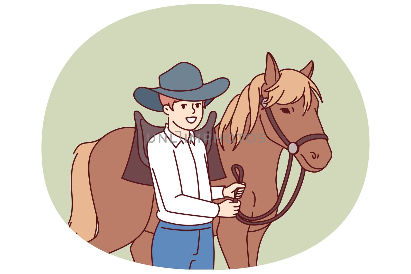 Cowboy boy is standing next to horse caring for stallion and wanting to become professional jockey and race. Schoolboy wearing texas ranger hat near horse for ride or competition at racetrack