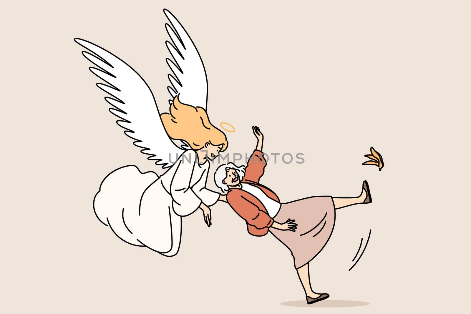 Guardian angel saves grandmother who has fallen on banana peel and is at risk of injury. Guardian angel with wings behind back and halo above head helps unfortunate grandmother during time of failure
