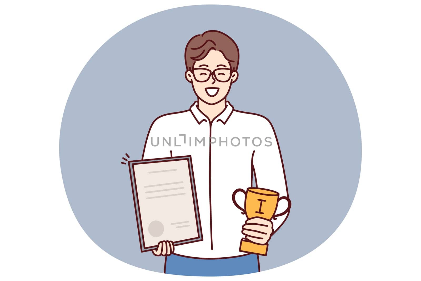 Businessman holds certificate and cup winner of competition among sellers company who exceeded sales plan. Businessman boasts letter of thanks received from partners corporation or managers