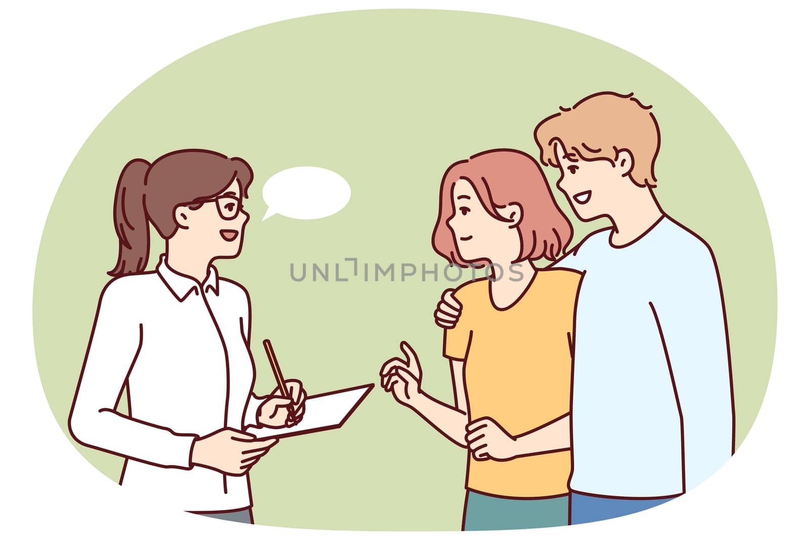 Couple takes social survey answering interviewer questions and evaluating quality of services provided. Woman conducts social research by interviewing passers-by and writing data in notebook.