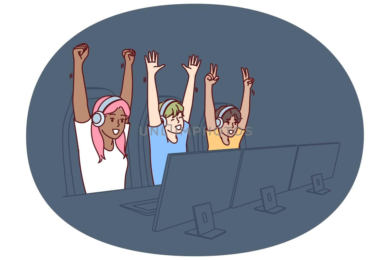 Team of teenagers esports or gamers have won multiplayer video game and are raising hands in triumph. Team of gamers are sitting at table with computers participating in cyber MMORPG tournament