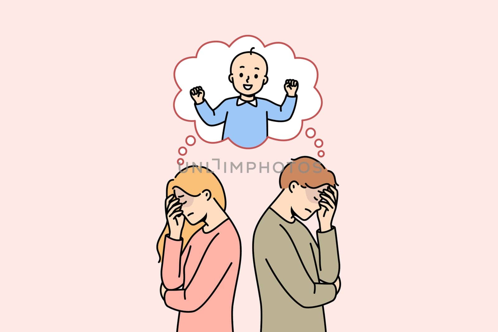 Problem of childlessness for man with woman suffering from infertility or problems conceiving child. Husband and wife turned away and covered eyes with hand after unsuccessful attempt to conceive