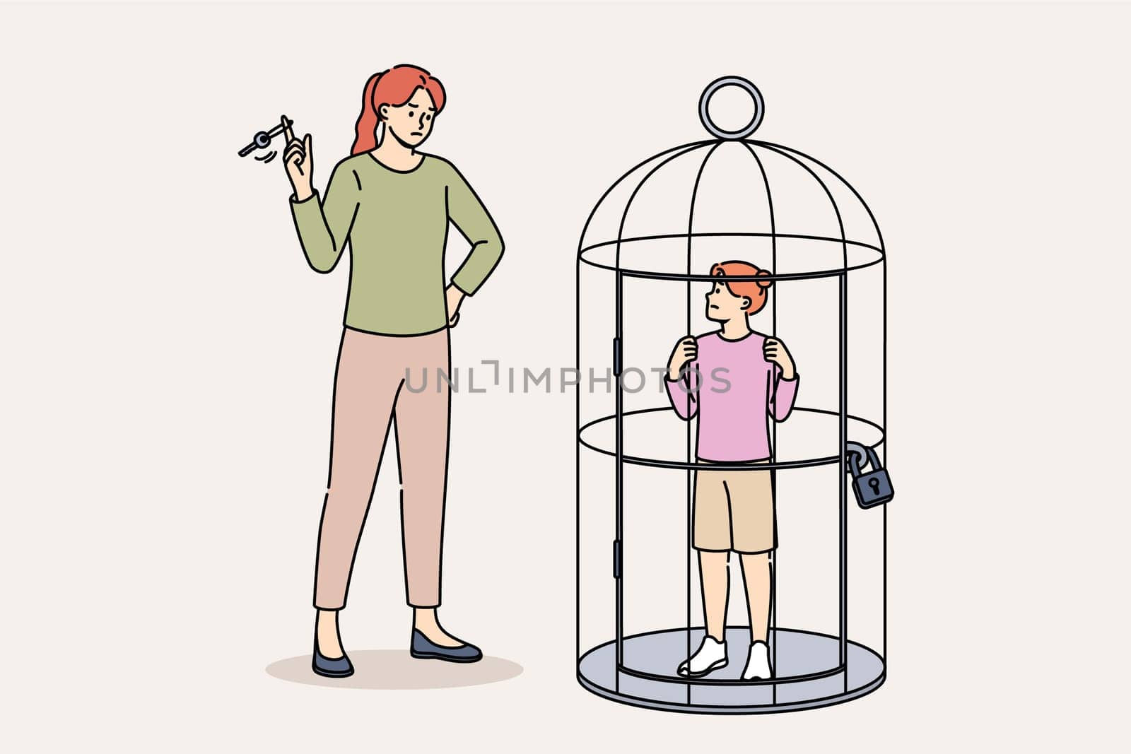 Overprotection and violence against children from woman standing near small cage with daughter. Problem of overprotection causing stress and depression in child, victims of bad parents