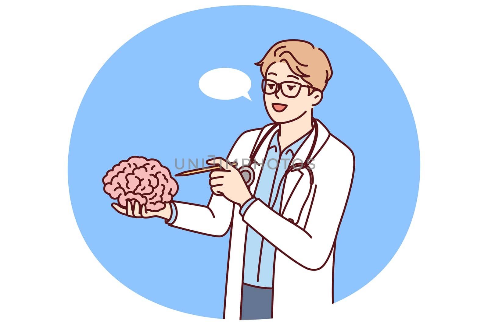 Doctor holds brain in hand explaining work of neurons to students of medical college or university. Concept studying human brain to find possibility of treating alzheimer disease or dementia