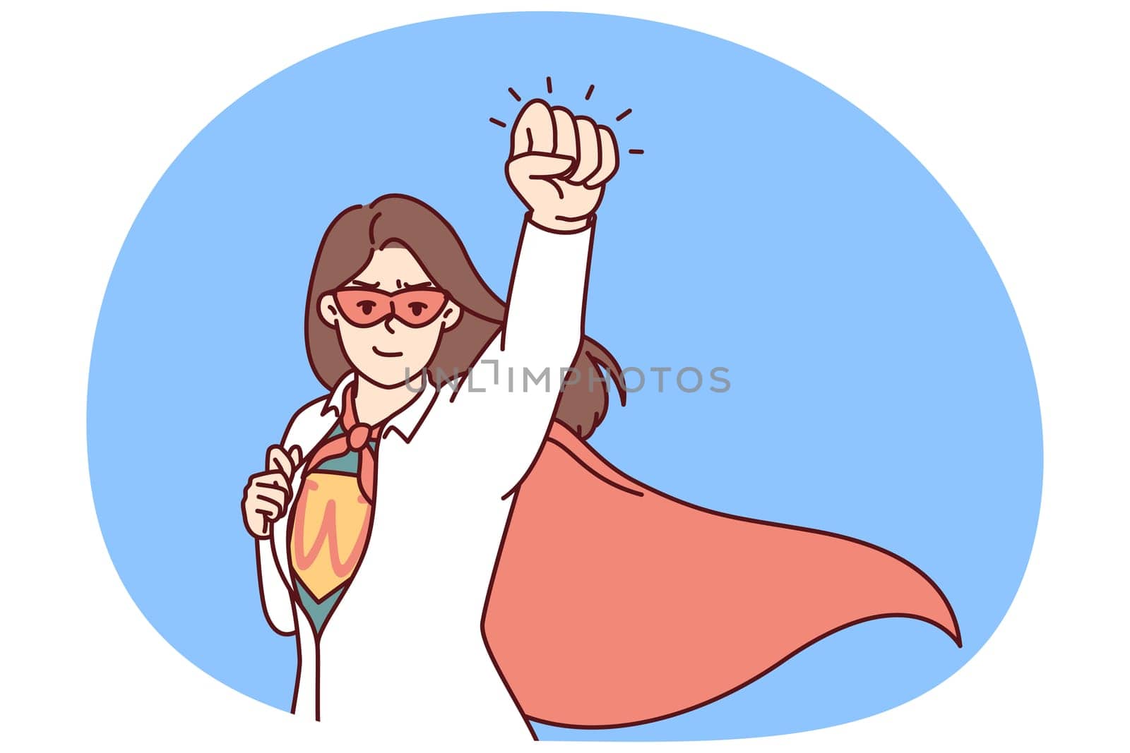 Super woman rips off shirt showing off superhero clothes and flying out to save business of those in trouble. Business woman superhero getting ready to save company for crisis management metaphor
