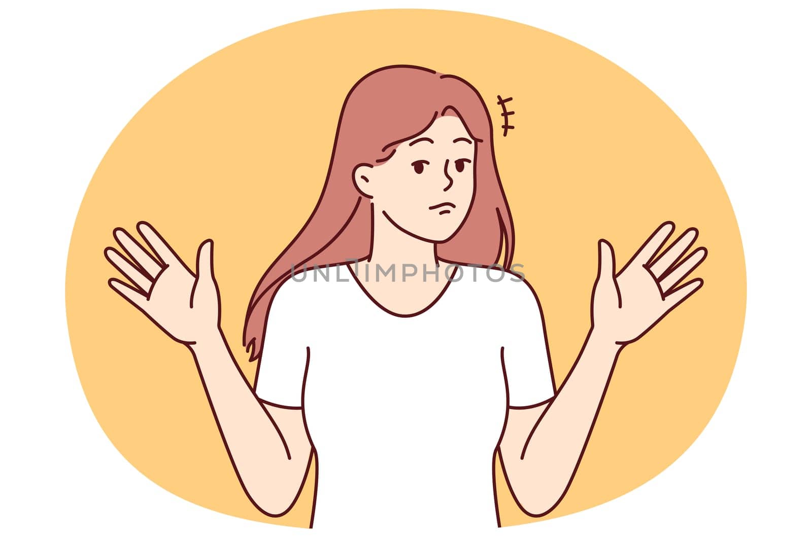 Woman throws up hands, denying involvement in problem or demonstrating ignorance of answers to question asked. Girl raises hands, denying presence of trouble and being in confusion or uncertainty