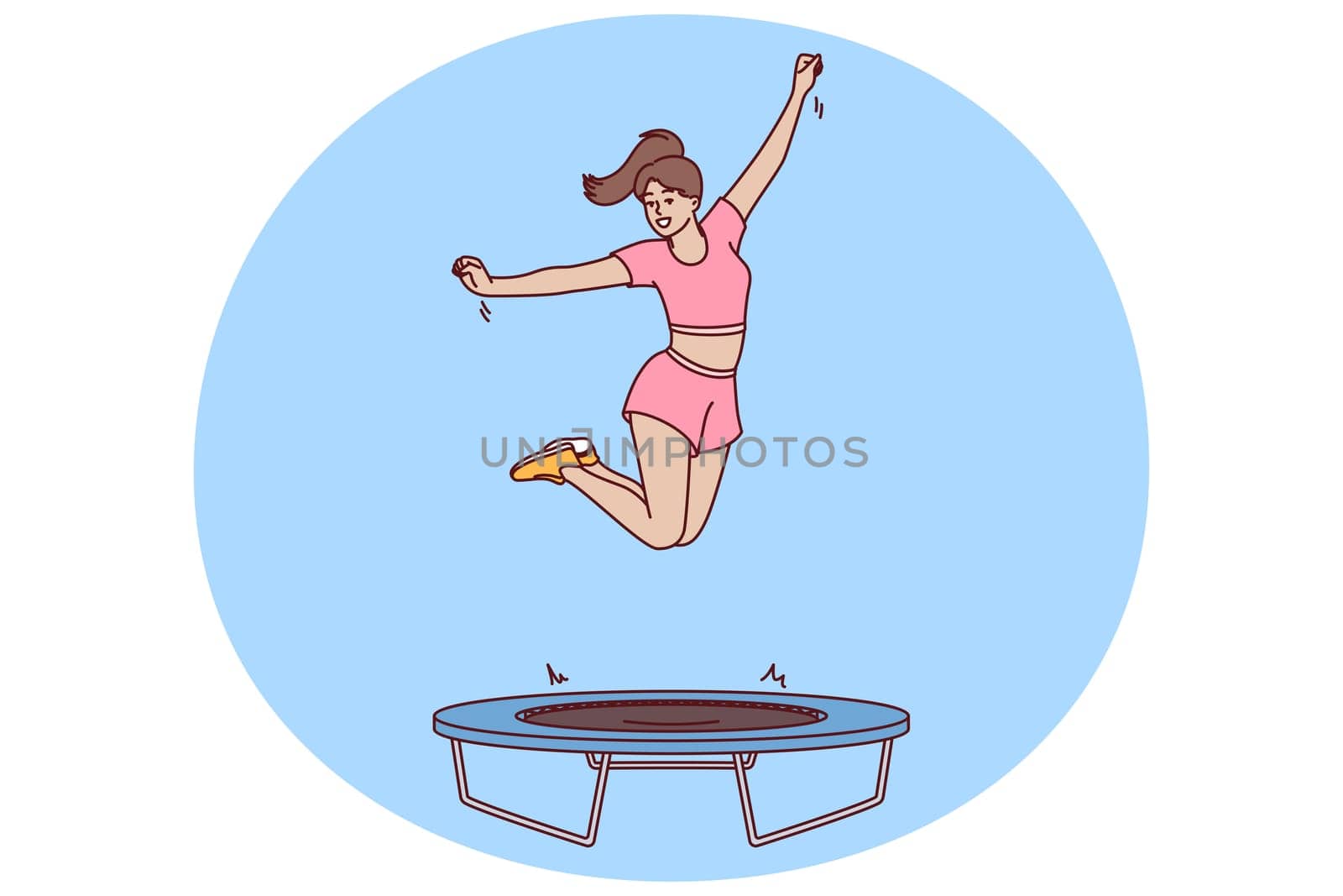 Woman fitness trainer jumps on trampoline teaching clients of sports club to do exercises correctly. Girl is engaged in fitness using trampoline for jumping helping to become slim and beautiful