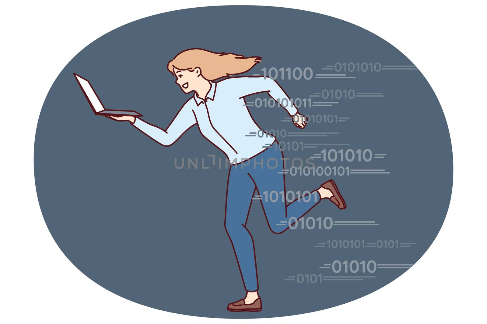 Running woman with laptop symbolizes ambition and pursuit of success in business and corporate careers. Businesswoman using laptop running symbolizing high speed 5g internet and fast job completion