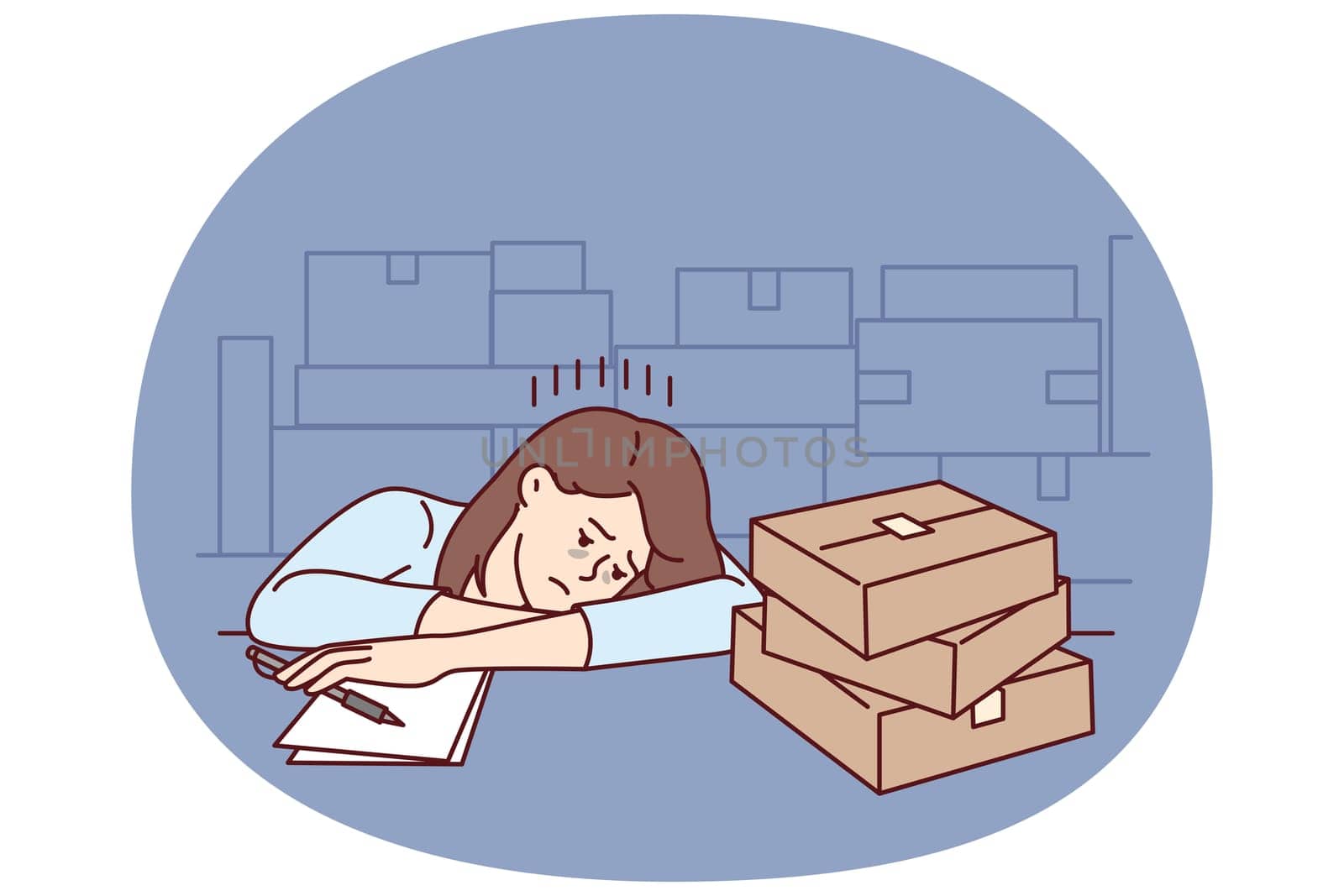 Upset girl near cardboard boxes works in warehouse or logistics company and falls asleep sitting at table. Tired woman feels lack of motivation to work in warehouse or fulfillment industry