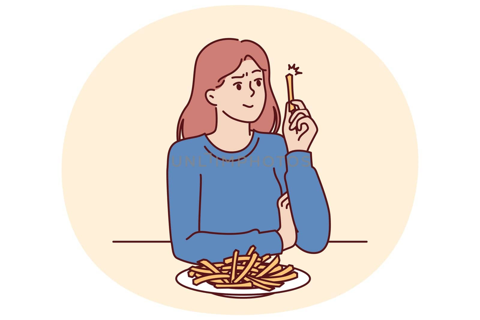 Woman eats french fries without thinking about health risks of fast food and fried snacks. Girl is having lunch in cafe sitting at table with french fries and needs consultation with nutritionist