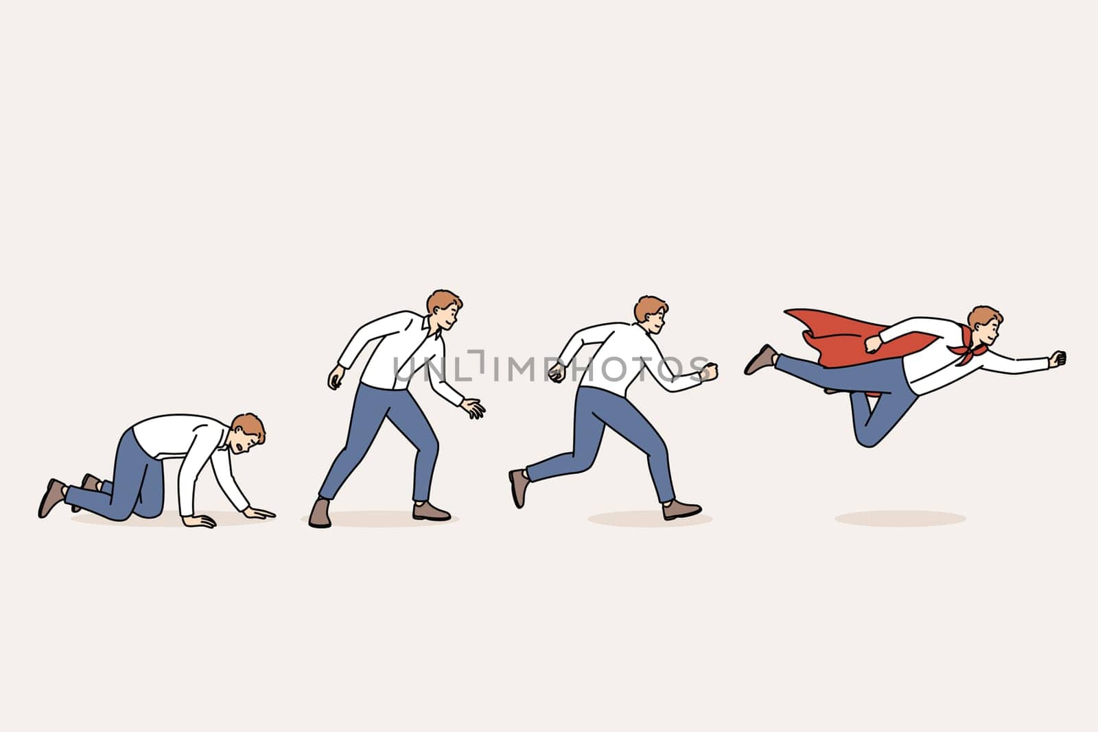 Evolution of business man turning into leader and superhero from crawling loser. Process of evolution of successful office manager who became successful thanks to hard work and responsibility