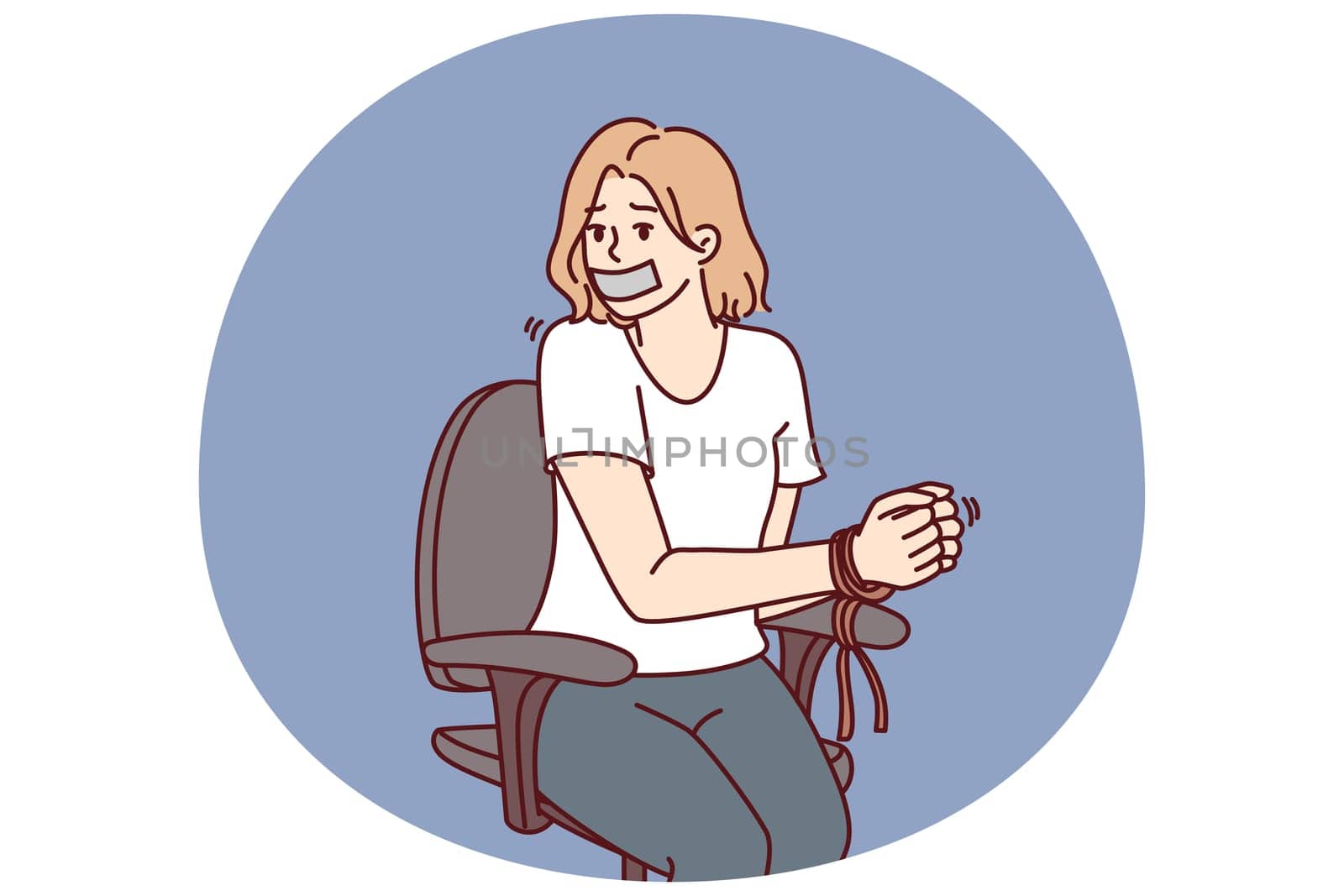 Woman hostage with bound hands sits in chair after being kidnapped or attacked by criminals. Girl with sealed mouth became hostage during attack by robbers on company office or bank branch