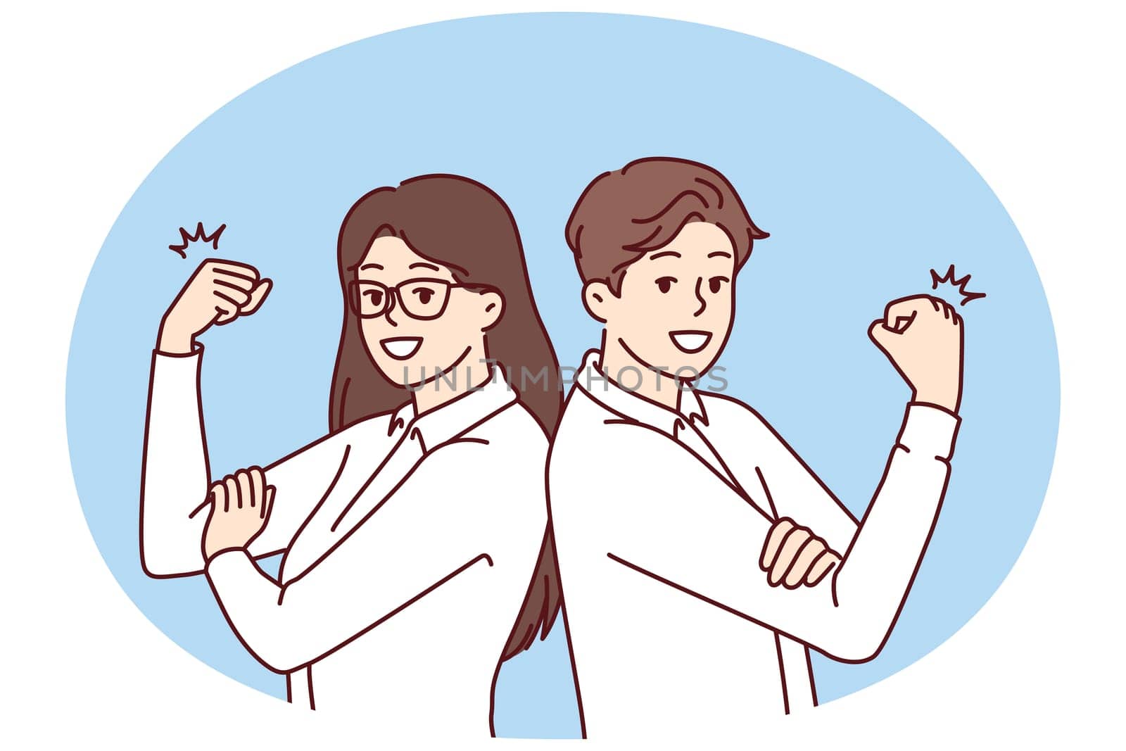 Business man and woman with smile demonstrate biceps for concept of professionalism and cool skills. Professional managers are ready to get to work and raise income of business or large company