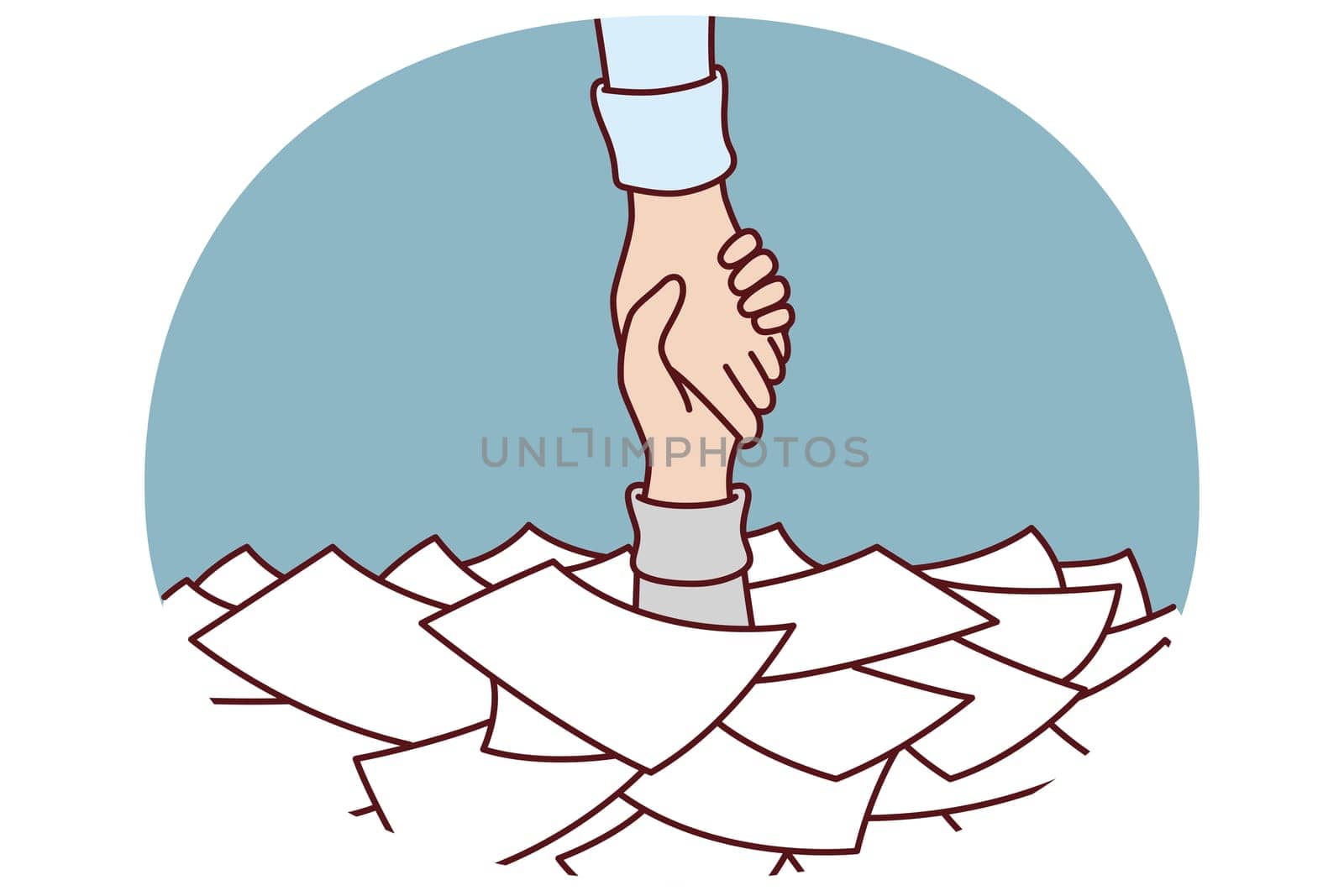 Hand among papers and documents asks for help and salvation from bureaucracy and overabundance paperwork that causes burnout. Helping hand for person suffering from work overload or bureaucracy