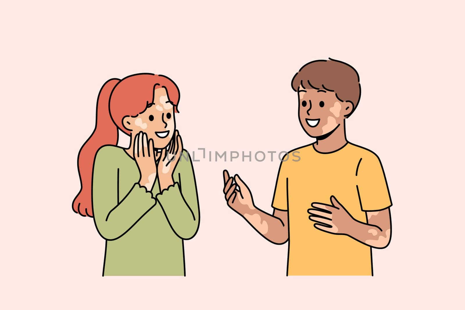 Children with vitiligo talk with smile and do not notice dermatological problems and skin pigmentation. Kids with vitiligo in good mood rejoice at presence of inclusivity or lack of discrimination