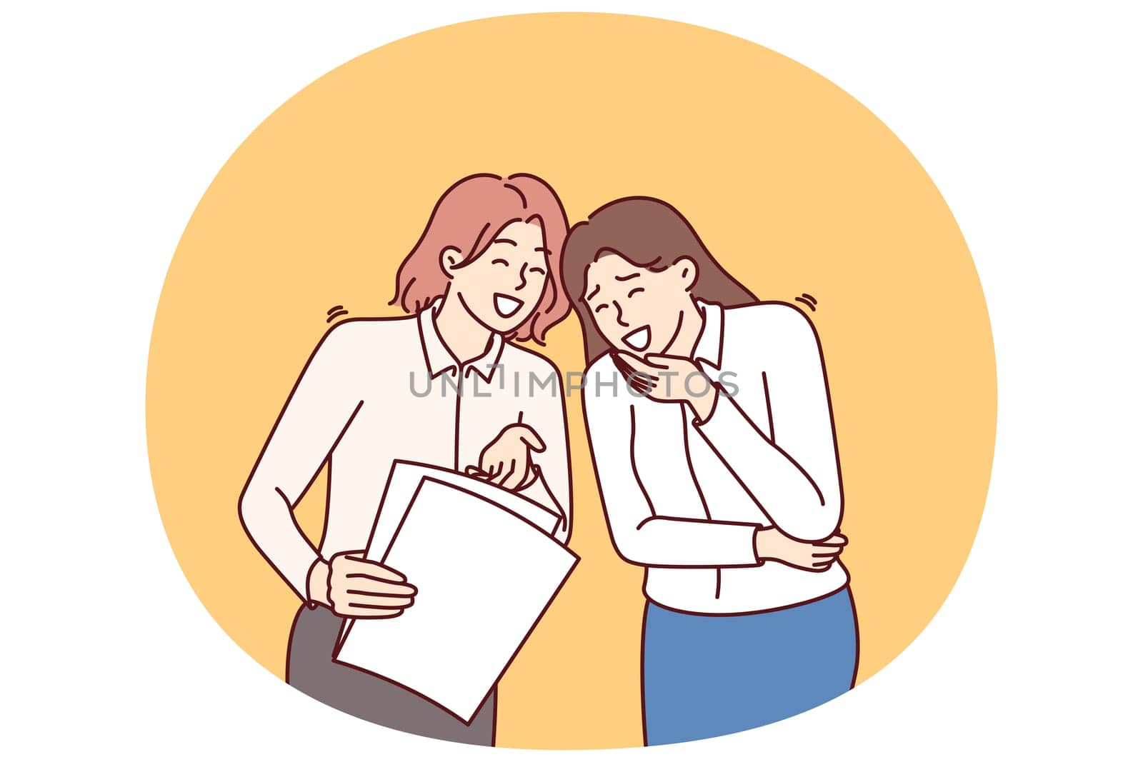 Women colleagues laugh at joke or funny story and share intimate gossip about company employees. Business women laugh when see stupid mistake in paper report made by inexperienced employee.