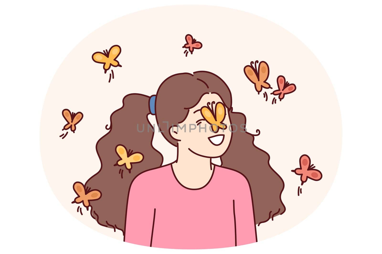 Little girl among butterflies flying and landing on face for spring mood concept. Happy childhood of preteen girl loving animals and laughing at sight of butterflies in summer park