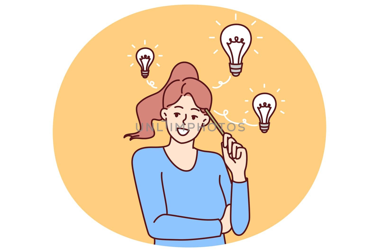 Teenager girl with light bulbs over head comes up with idea and holds pencil near temple. Smart schoolgirl comes up with idea for essay wishing to apply for educational grant at university