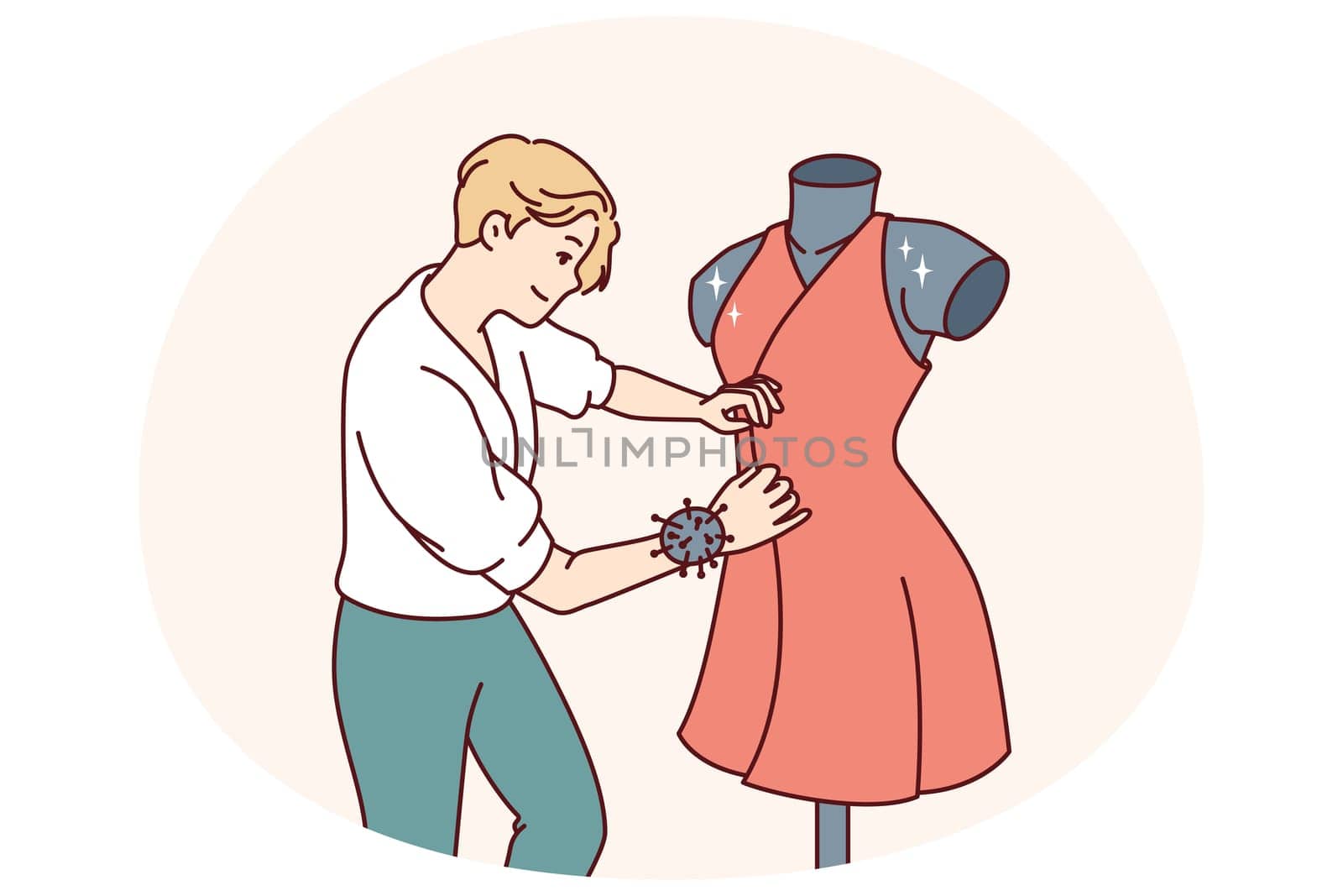 Man fashion designer sews dress fixed on mannequin preparing women outfit for Paris haute couture week. Professional fashion designer makes exclusive elegant clothes for girls to order