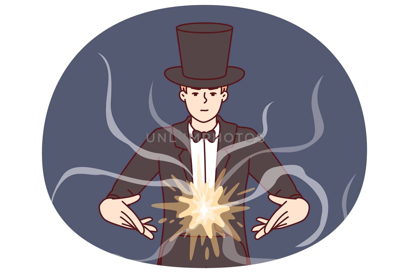 Man magician demonstrates magic tricks to entertain guests of circus or entertainment event. Mysterious guy magician in black tuxedo hat takes part in television show of illusionists