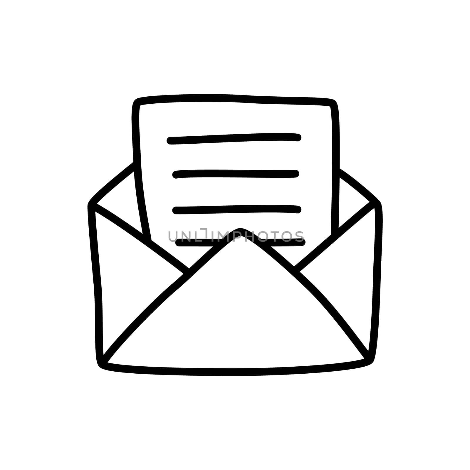 Doodle Open envelope with letter icon or logo, hand drawn with thin black line. Isolated on white background. Vector illustration