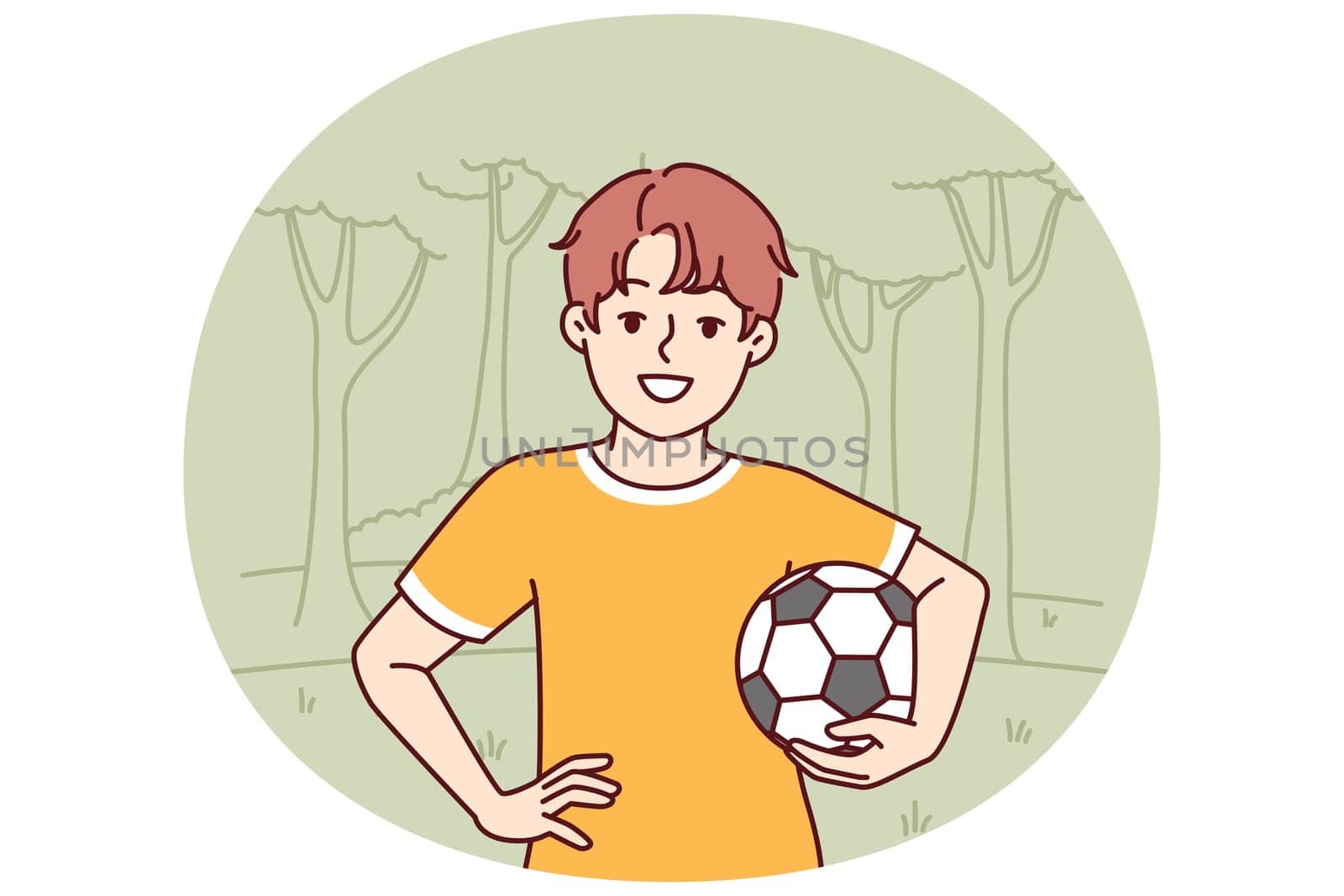 Little boy with soccer ball enjoys outdoor recreation and with smile looks at screen. Boy pupil elementary school, dreams of becoming professional football player and training in park to play soccer