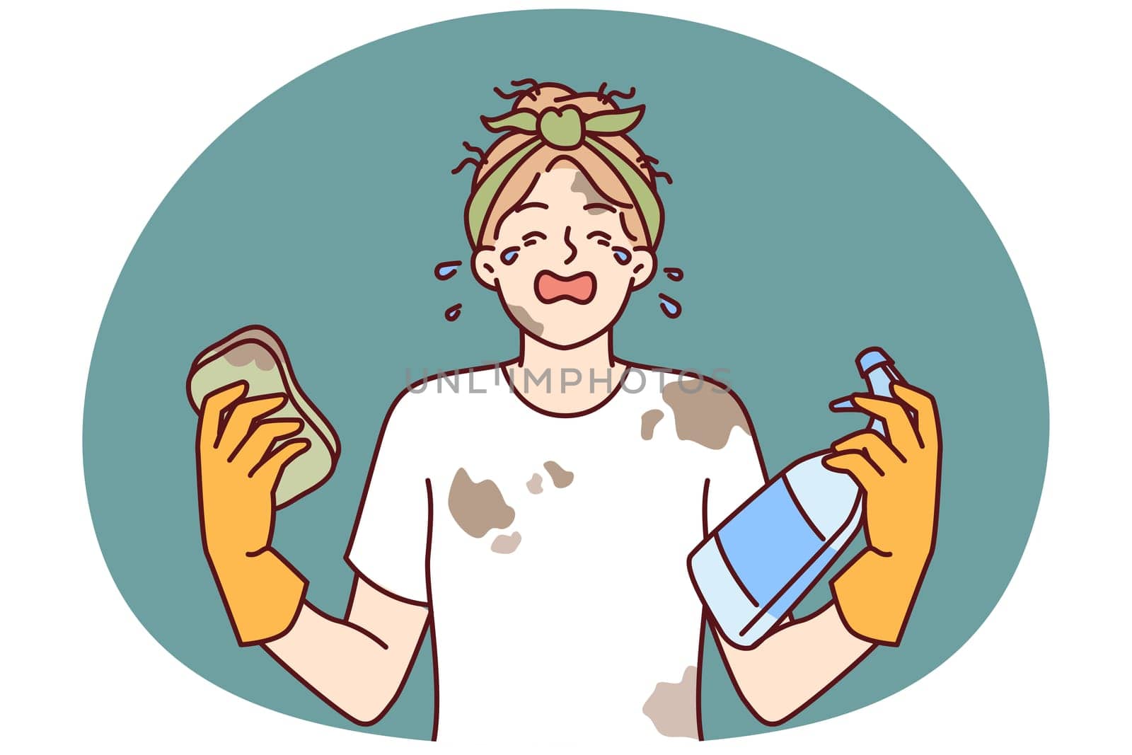 Woman housewife in dirty clothes is crying because of large amount housework and lack of rest. Girl housewife with tears in eyes holds sponge and spray bottle for cleaning in apartment