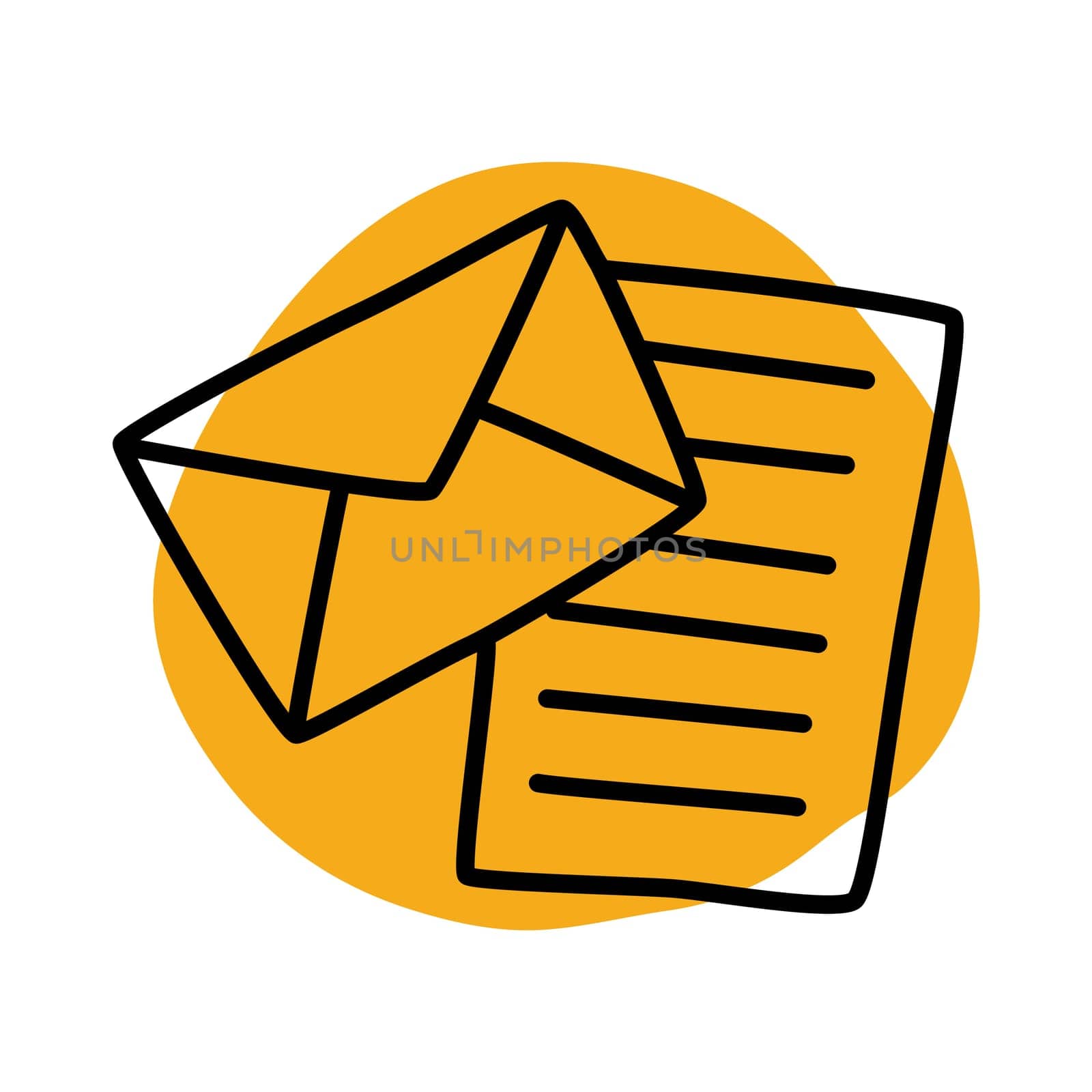 Doodle Open envelope with letter icon or logo, hand drawn with thin black line. Isolated on white background. Vector illustration