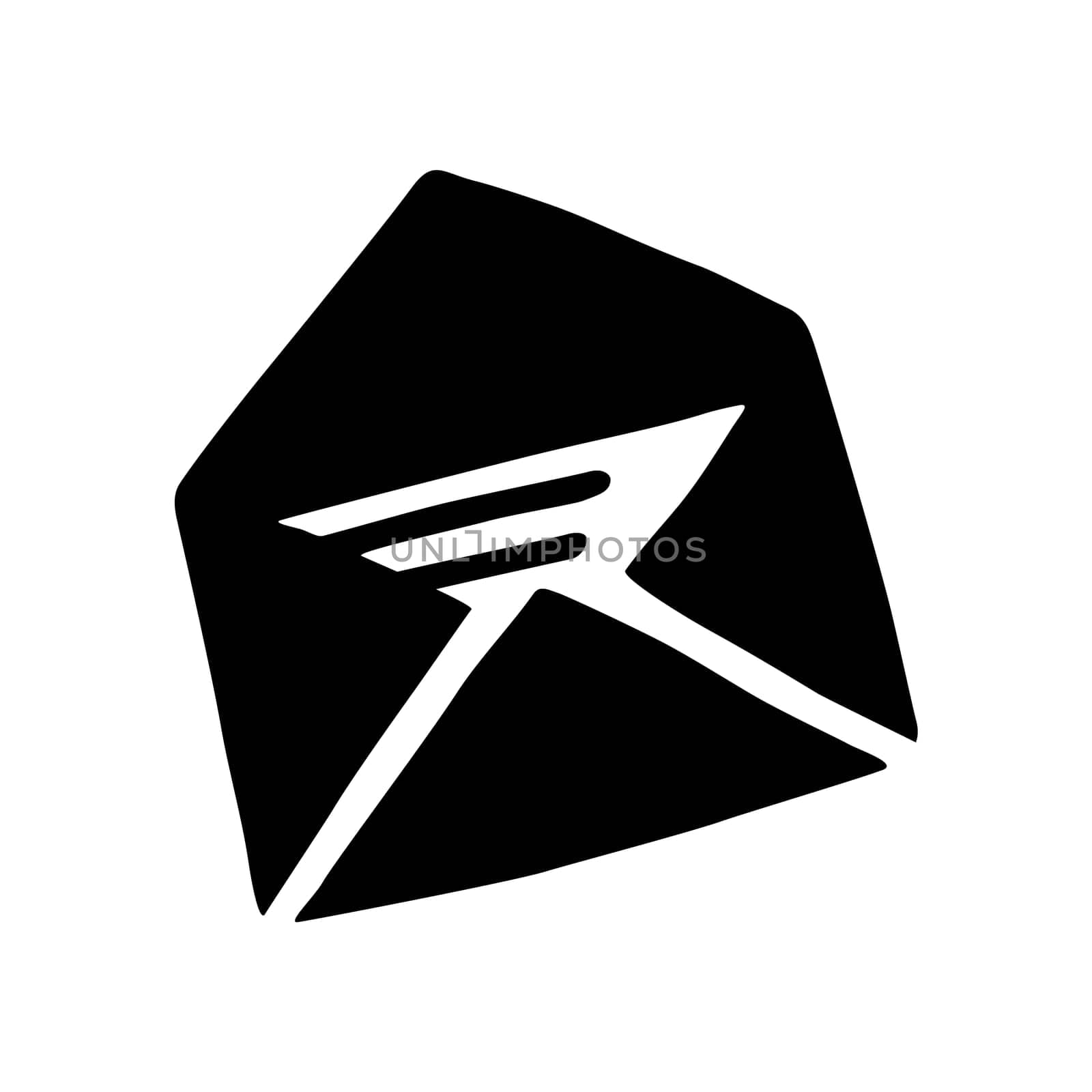 Doodle Open envelope with letter icon or logo, hand drawn with thin black line. Isolated on white background. Vector illustration