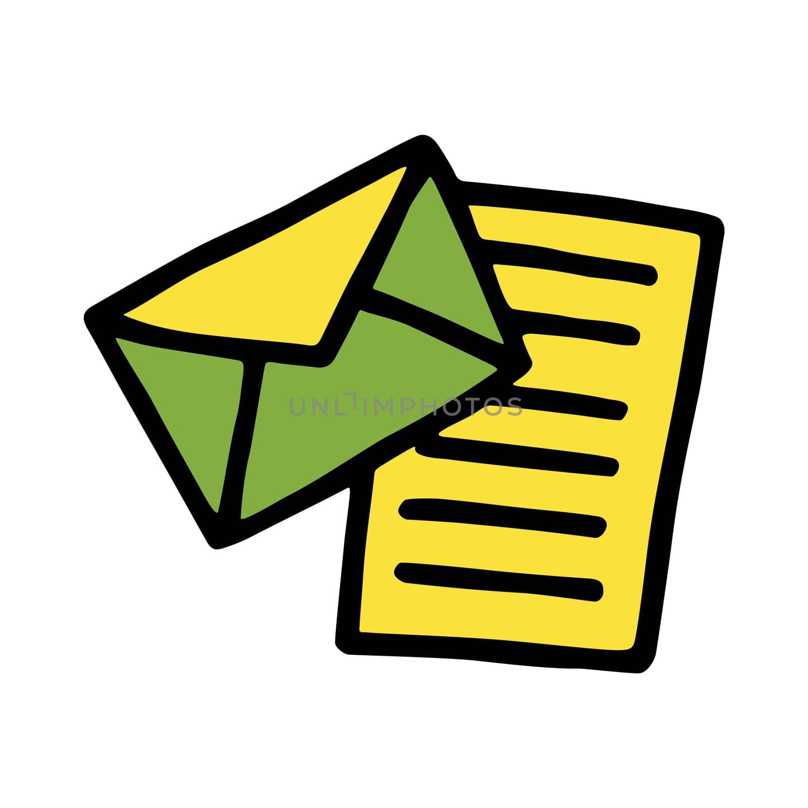 Doodle Open envelope with letter icon or logo, hand drawn with thin black line. Isolated on white background. Vector illustration